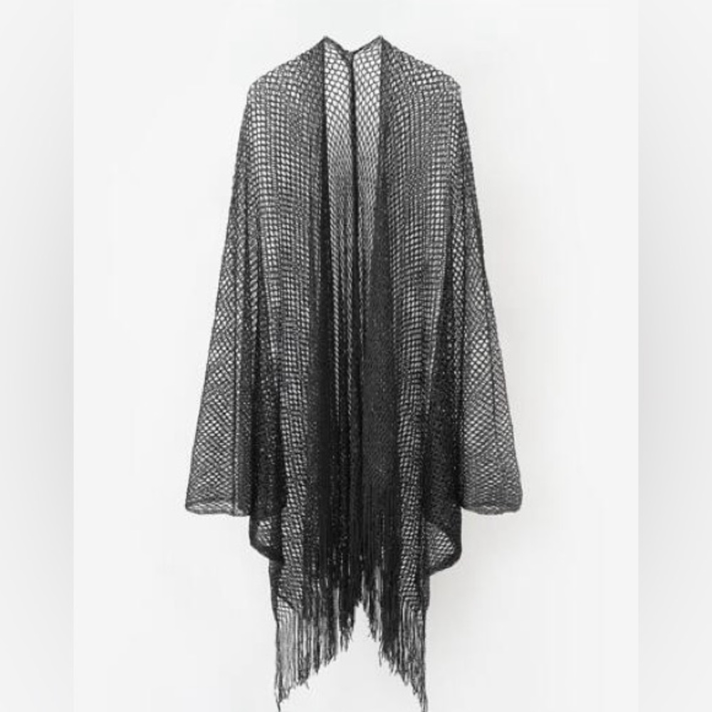 Casa Maca Black Shimmer Open Knit Mesh Fringe Kimono‎ Swim Cover One Size